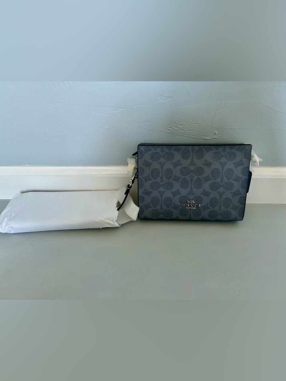 Brand New Coach Dark Charcoal Blue Signature Crossbody Bag with Strap